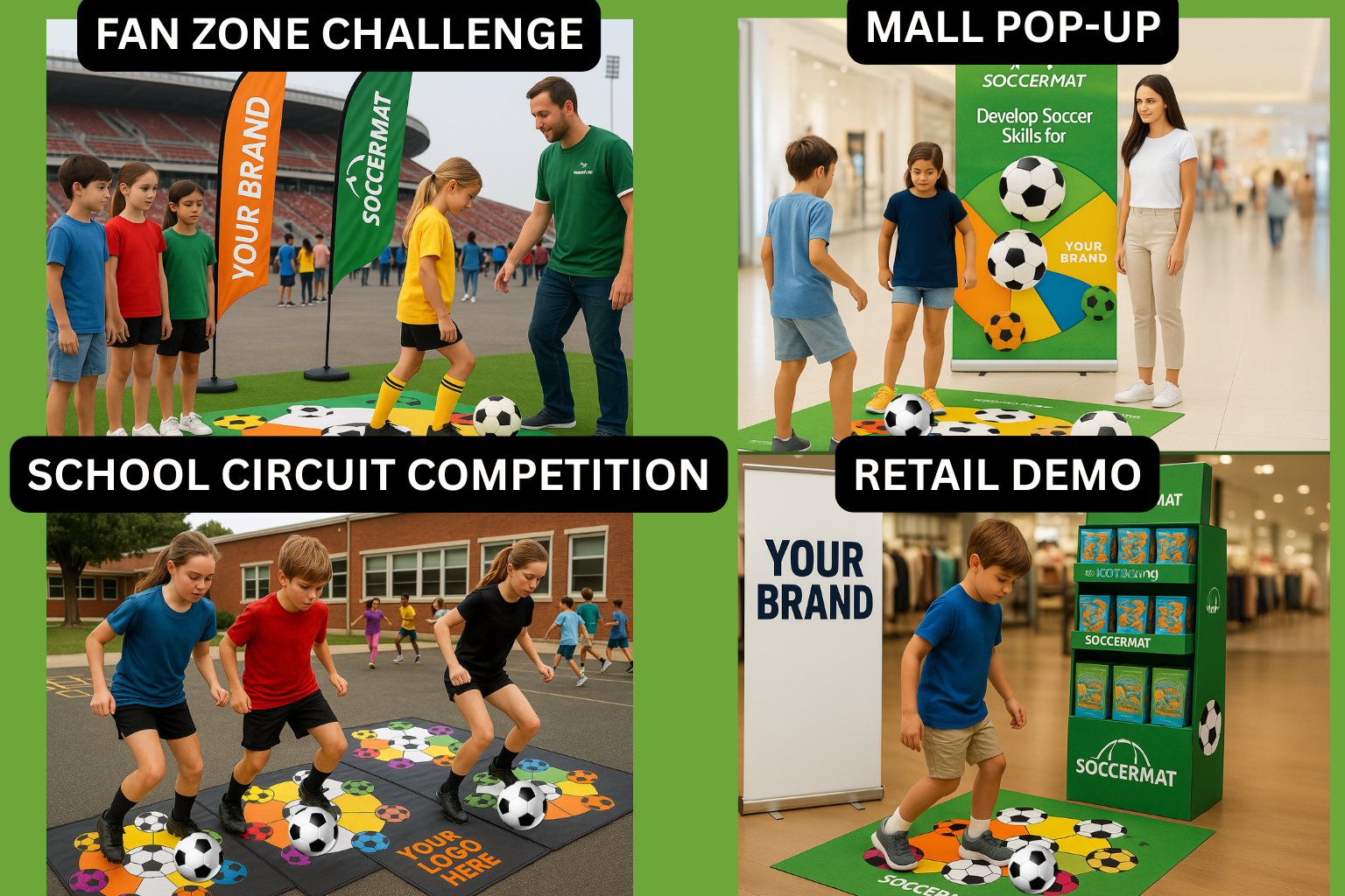 SoccerMat fan zone, mall pop-up, school circuit, and retail demo 4-panel activation examples
