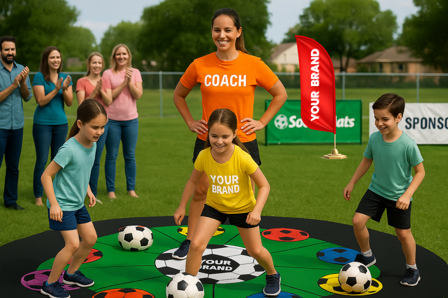 Kids completing SoccerMat challenges with a coach and cheering parents
