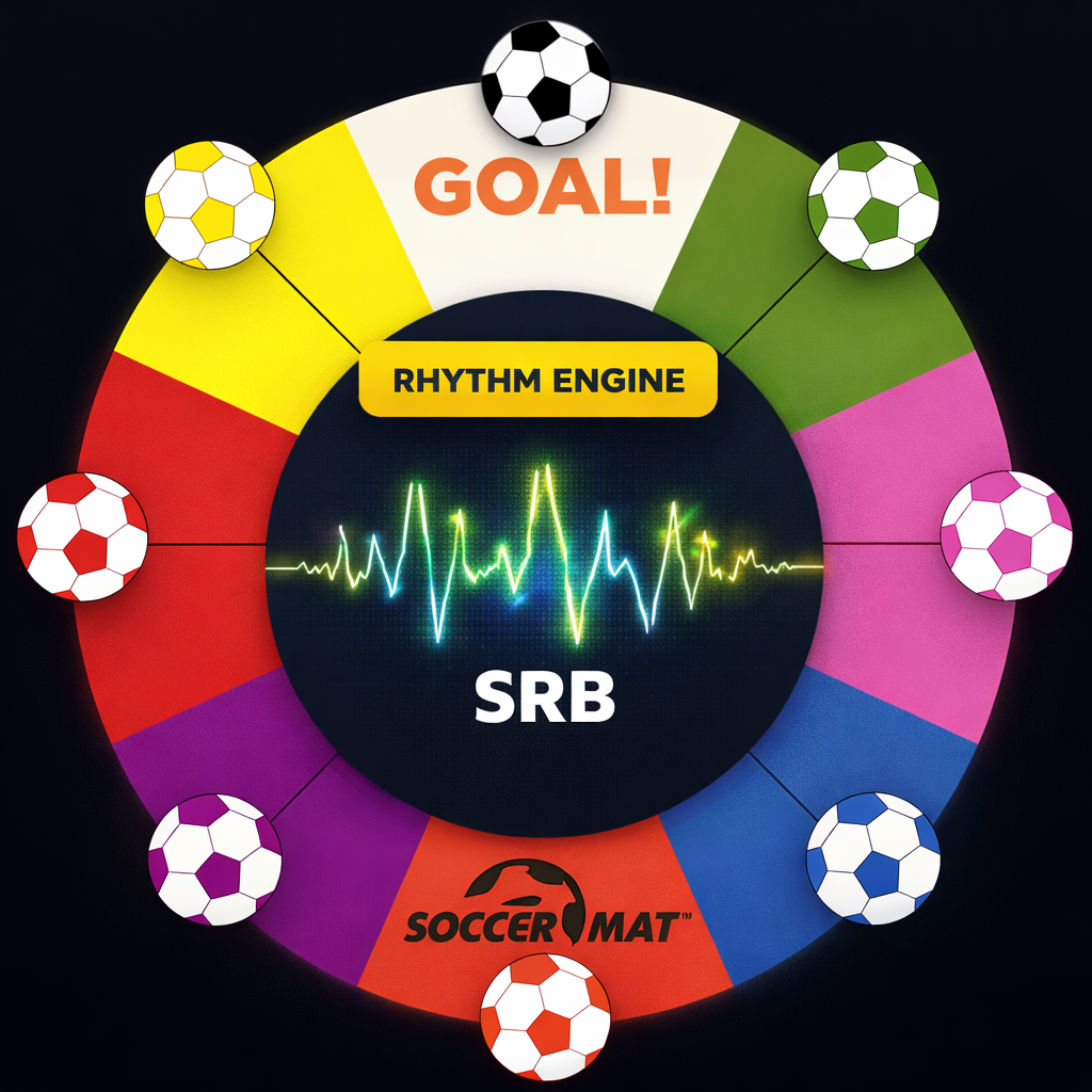 Soccer Rhythm Battles rhythm engine diagram showing the core game system with colored zones and central waveform