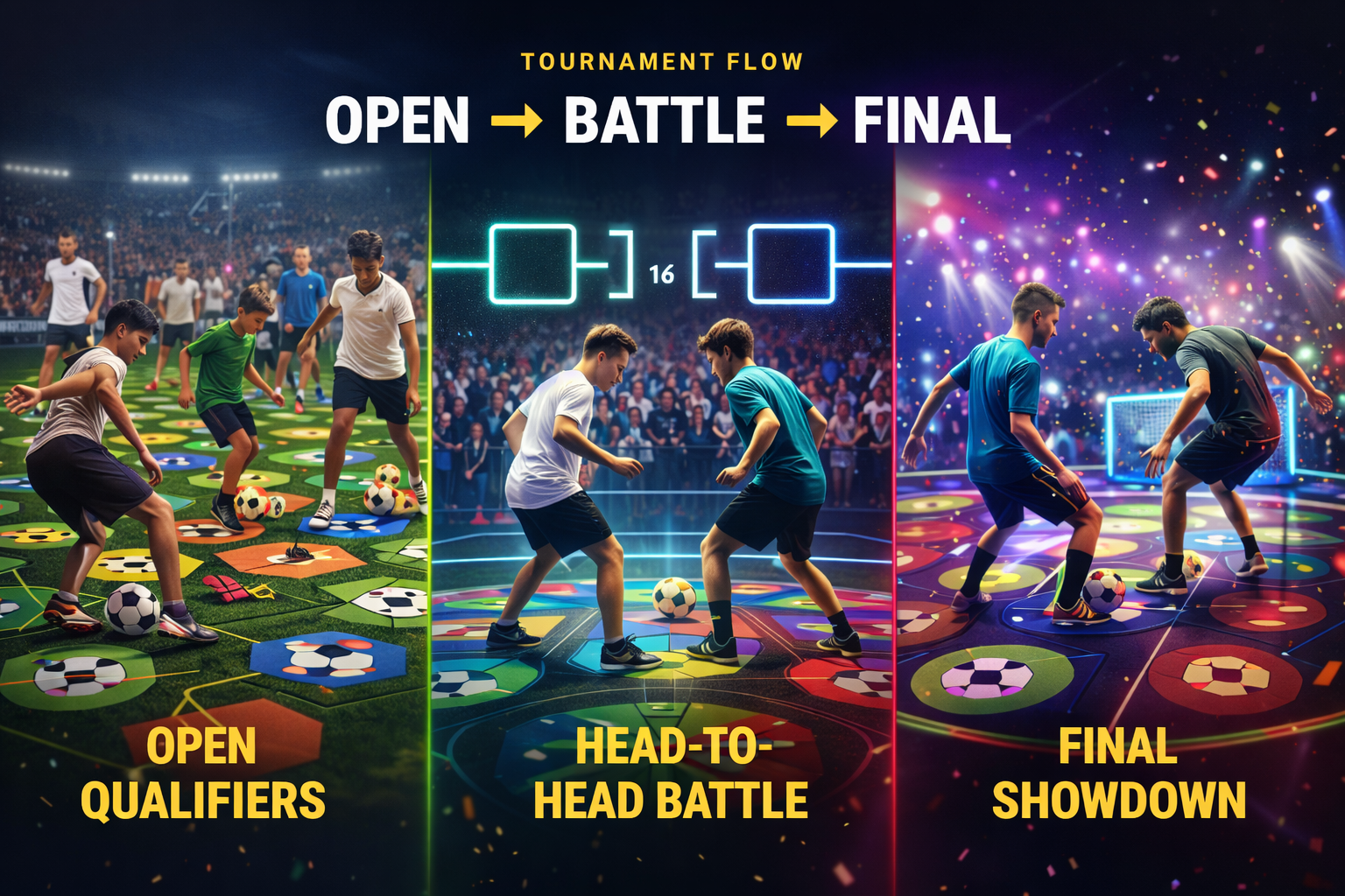 Soccer Rhythm Battles tournament flow showing open qualifiers, head-to-head battle, and final showdown